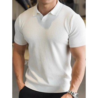Ánh Sáng Trưởng Thành Phong Cách Hố Dải Dệt Kim Áo Sơ Mi polo Nam Mỏng Phong Cách Thoáng Khí Slim-fit Tay Ngắn Cơ Mỹ Nam Mát Lụa Chủ Đề
