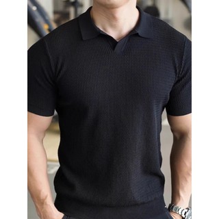 Ánh Sáng Trưởng Thành Phong Cách Hố Dải Dệt Kim Áo Sơ Mi polo Nam Mỏng Phong Cách Thoáng Khí Slim-fit Tay Ngắn Cơ Mỹ Nam Mát Lụa Chủ Đề