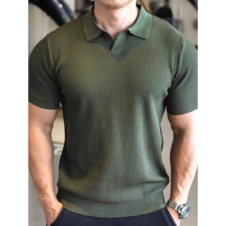 Ánh Sáng Trưởng Thành Phong Cách Hố Dải Dệt Kim Áo Sơ Mi polo Nam Mỏng Phong Cách Thoáng Khí Slim-fit Tay Ngắn Cơ Mỹ Nam Mát Lụa Chủ Đề