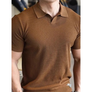 Ánh Sáng Trưởng Thành Phong Cách Hố Dải Dệt Kim Áo Sơ Mi polo Nam Mỏng Phong Cách Thoáng Khí Slim-fit Tay Ngắn Cơ Mỹ Nam Mát Lụa Chủ Đề
