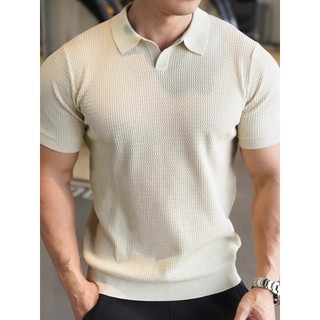Ánh Sáng Trưởng Thành Phong Cách Hố Dải Dệt Kim Áo Sơ Mi polo Nam Mỏng Phong Cách Thoáng Khí Slim-fit Tay Ngắn Cơ Mỹ Nam Mát Lụa Chủ Đề