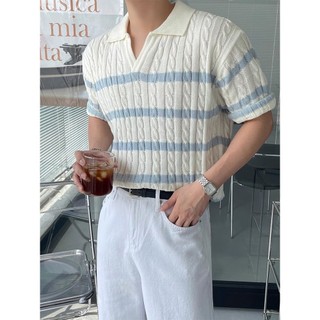 Áo thun polo dệt kim cao cấp Cơ bắp Nam cứng rắn Mỹ Ve áo ngắn tay xếp ly Áo thun xếp ly hình chữ V Lớp cổ áo lụa băng