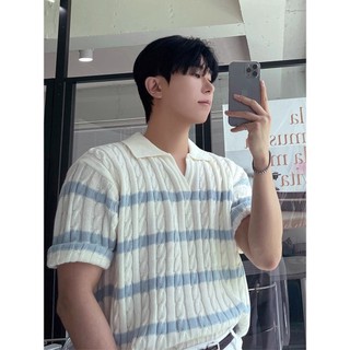 Áo thun polo dệt kim cao cấp Cơ bắp Nam cứng rắn Mỹ Ve áo ngắn tay xếp ly Áo thun xếp ly hình chữ V Lớp cổ áo lụa băng