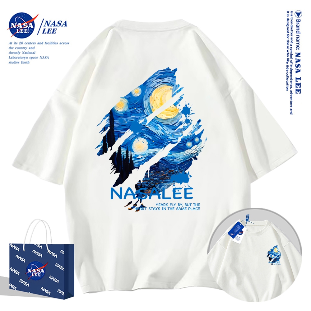 Áo thun ngắn tay NASA họa tiết sơn dầu sao trời, cotton, unisex