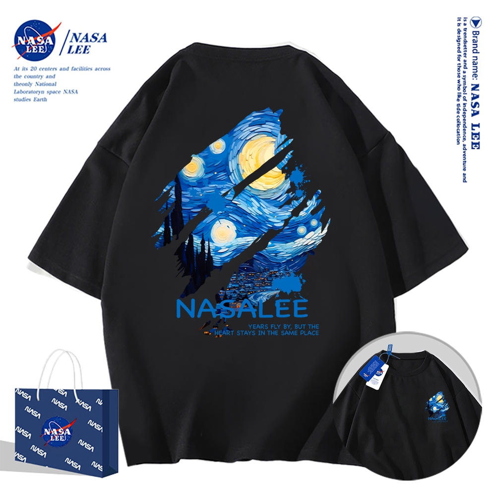 Áo thun ngắn tay NASA họa tiết sơn dầu sao trời, cotton, unisex