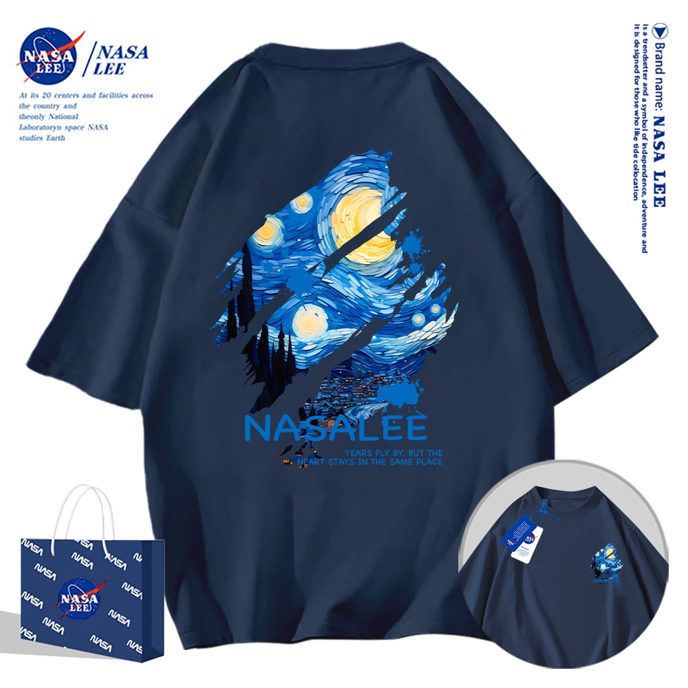 Áo thun ngắn tay NASA họa tiết sơn dầu sao trời, cotton, unisex