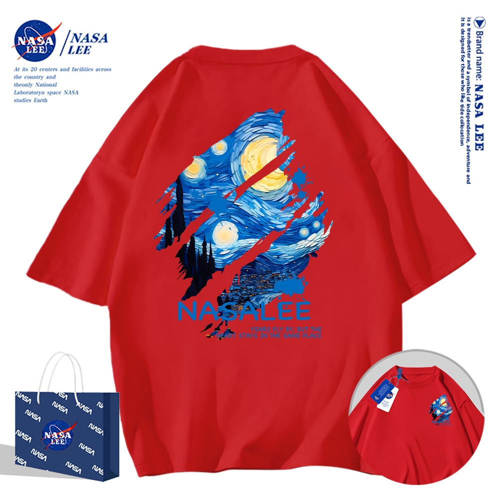 Áo thun ngắn tay NASA họa tiết sơn dầu sao trời, cotton, unisex