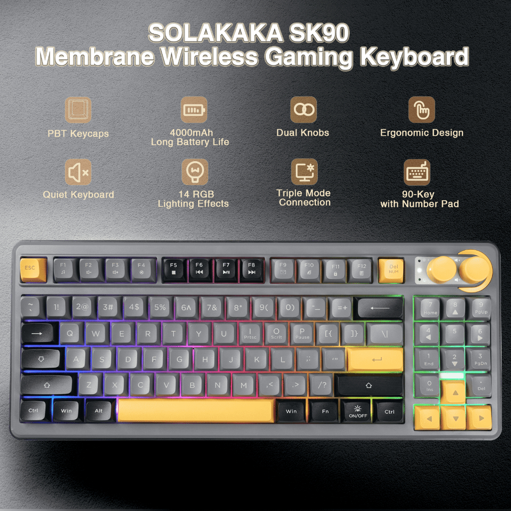 Bàn phím màng không dây SOLAKAKA SK90 90 phím RGB Tri-Mode Bluetooth5.0 / 2.4G / USB-C hỗ trợ có dây Văn phòng Chơi game | BigBuy360 - bigbuy360.vn