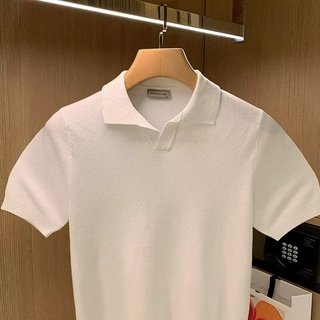 Công Sở Ý Slim-fit Nam Áo Sơ Mi polo Tay Ngắn Mùa Hè Thoáng Khí Dệt Kim Trắng Ve Áo Thun Nam