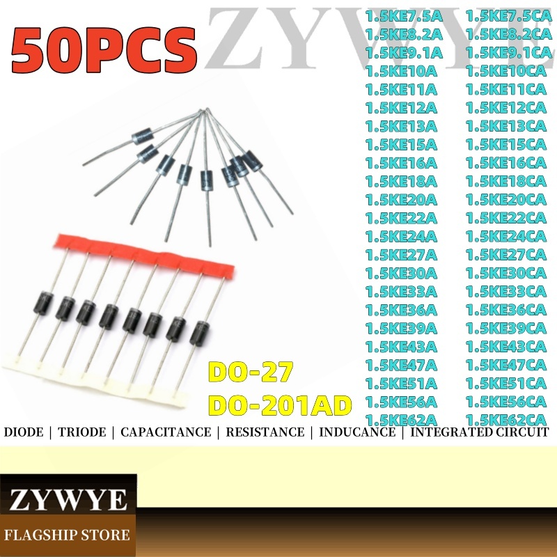Bộ 50 Diode 1.5KE7.5A 8.2A 9.1A 10A 11A 12A 13A 14A 15A 16A 18A 20A 22A ...