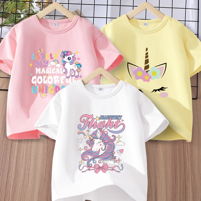 W.G.Q  Áo thun ngắn tay bé gái , vải 100% Cotton, mềm mại thoải mái, in hình kỳ lân