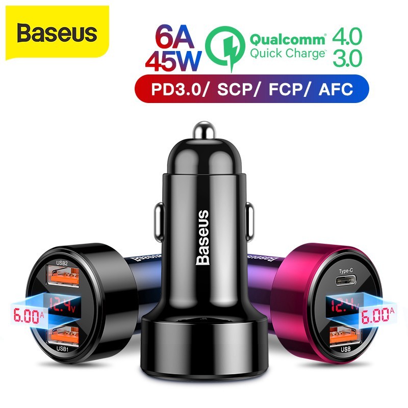 Bộ sạc xe hơi Baseus Quick Charge 3.0 4.0 AFC SCP cho Xiaomi Huawei (45W)