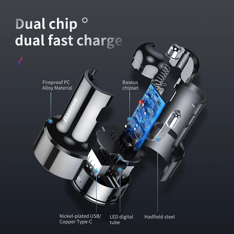 Bộ sạc xe hơi Baseus Quick Charge 3.0 4.0 AFC SCP cho Xiaomi Huawei (45W)