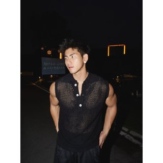 Mỹ Rỗng Không Tay POLO Áo Sơ Mi Nam Mùa Hè Rời Retro Đường Phố Không Tay Lưới Đan Áo Vest Nam