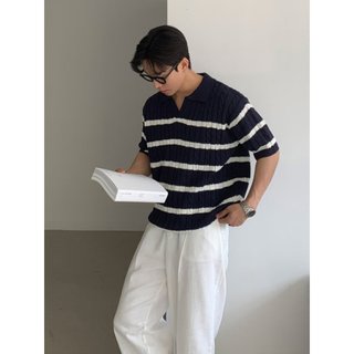 Polo polo Cổ Sọc Xoắn Dệt Kim Mùa Hè 2025 Phong Cách Preppy Phổ Biến Chui Đầu Tay Ngắn Top Nam