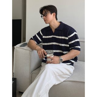 Polo polo Cổ Sọc Xoắn Dệt Kim Mùa Hè 2025 Phong Cách Preppy Phổ Biến Chui Đầu Tay Ngắn Top Nam