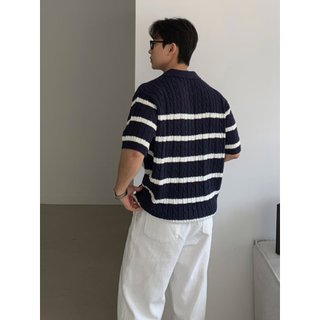 Polo polo Cổ Sọc Xoắn Dệt Kim Mùa Hè 2025 Phong Cách Preppy Phổ Biến Chui Đầu Tay Ngắn Top Nam