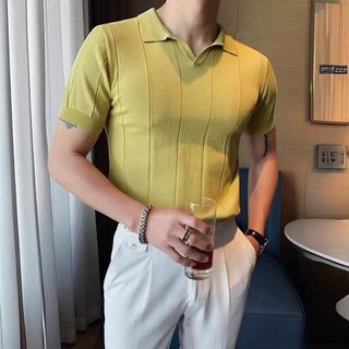Mùa Hè Mỏng Phong Cách Dệt Kim Băng Lụa Màu Trơn Tay Ngắn Paul Áo Sơ Mi Nam Đơn Giản Thoáng Khí Nhiều Màu Phù Hợp Với Ve Áo Top