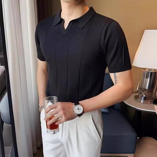 Mùa Hè Mỏng Phong Cách Dệt Kim Băng Lụa Màu Trơn Tay Ngắn Paul Áo Sơ Mi Nam Đơn Giản Thoáng Khí Nhiều Màu Phù Hợp Với Ve Áo Top