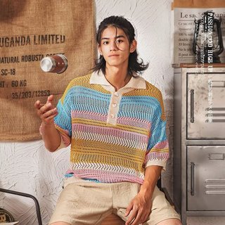 Nhật Bản Retro Lười Phong Cách Rỗng Đan Áo Sơ Mi POLO Tay Ngắn Nam Mùa Hè Màu Sắc Tương Phản Sọc Cặp Đôi Nửa Tay Top