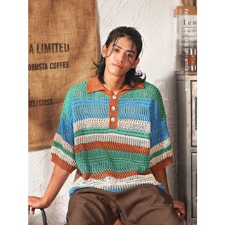 Nhật Bản Retro Lười Phong Cách Rỗng Đan Áo Sơ Mi POLO Tay Ngắn Nam Mùa Hè Màu Sắc Tương Phản Sọc Cặp Đôi Nửa Tay Top