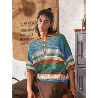 Nhật Bản Retro Lười Phong Cách Rỗng Đan Áo Sơ Mi POLO Tay Ngắn Nam Mùa Hè Màu Sắc Tương Phản Sọc Cặp Đôi Nửa Tay Top