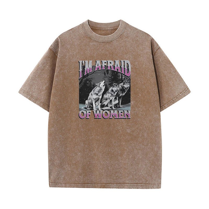 Ngộ nghĩnh Tôi Sợ Nữ Sói Meme Áo Nam Rửa Vintage Gothic Áo Thun Nữ Tay Ngắn Unisex Nguyên Chất Cotton Áo Quần Áo Áo Áo Thun