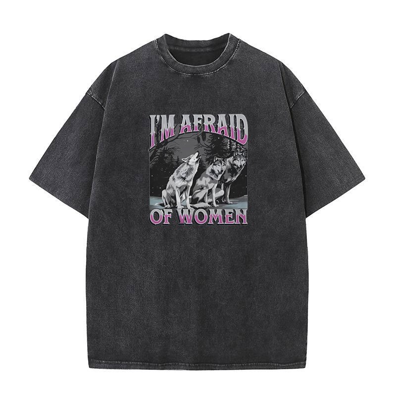 Ngộ nghĩnh Tôi Sợ Nữ Sói Meme Áo Nam Rửa Vintage Gothic Áo Thun Nữ Tay Ngắn Unisex Nguyên Chất Cotton Áo Quần Áo Áo Áo Thun