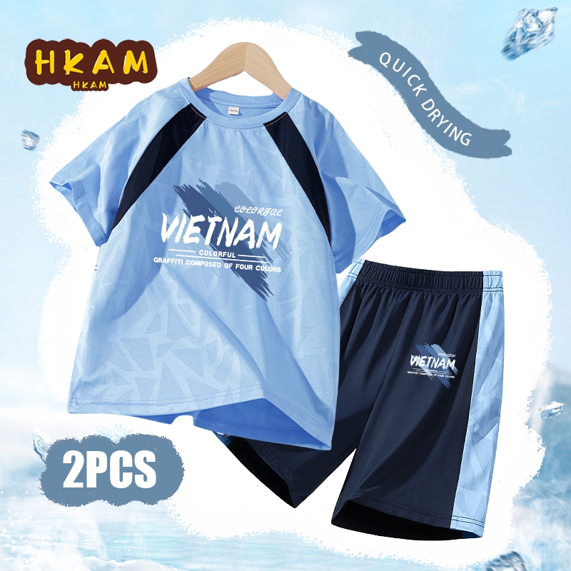 HKAM Áo thun bé trai Lưới trẻ em Bộ đồ màu tương phản khô nhanh, thấm mồ hôi thoáng khí, in ViệtNam