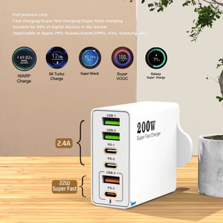 Usb C Nhanh 200W 6 Cổng Sạc Nhanh PD Sạc Nguồn EU-Plug Adapter Tương Thích Cho iPhone 16 15 Galaxy S25 S23 Xiaomi