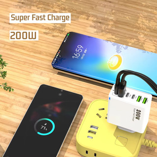 Usb C Nhanh 200W 6 Cổng Sạc Nhanh PD Sạc Nguồn EU-Plug Adapter Tương Thích Cho iPhone 16 15 Galaxy S25 S23 Xiaomi