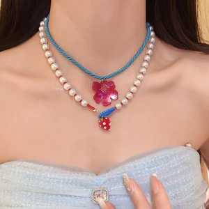 Hạt gạo thủy tinh Baroque thả dầu mặt dây chuyền dâu tây Vòng cổ Vintage tinh tế thời trang chuỗi xương đòn