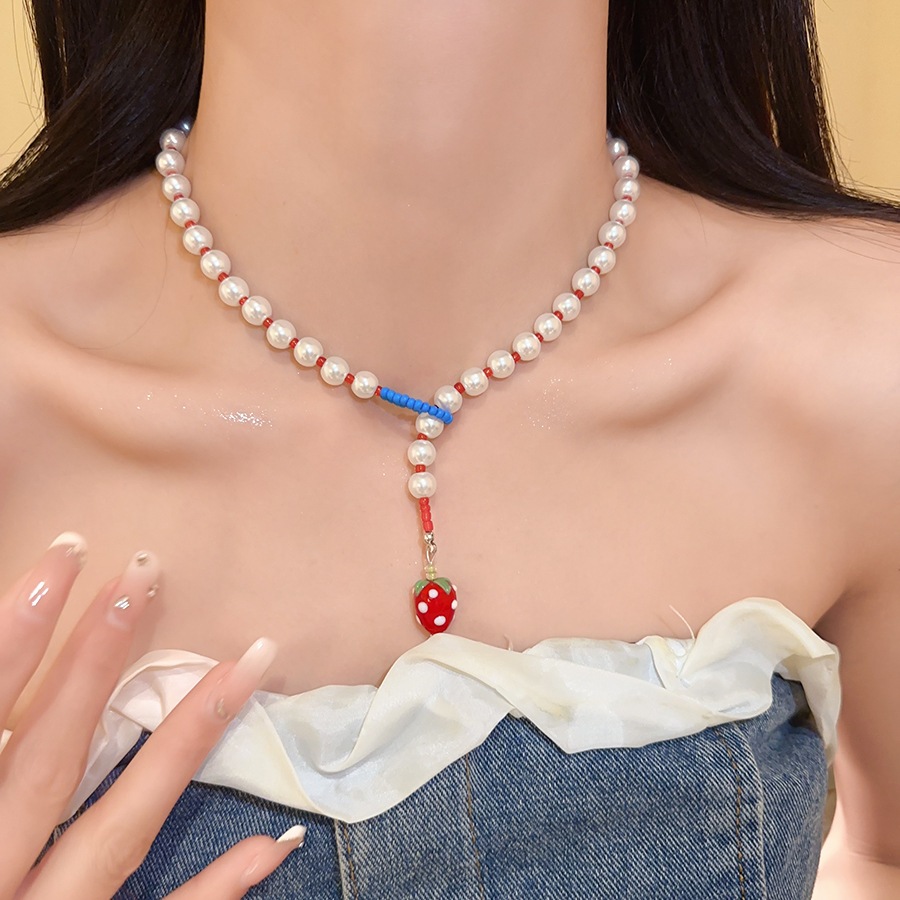 [Jewbeauty] Hạt gạo thủy tinh Baroque thả dầu mặt dây chuyền dâu tây Vòng cổ Vintage tinh tế thời trang chuỗi xương đòn
