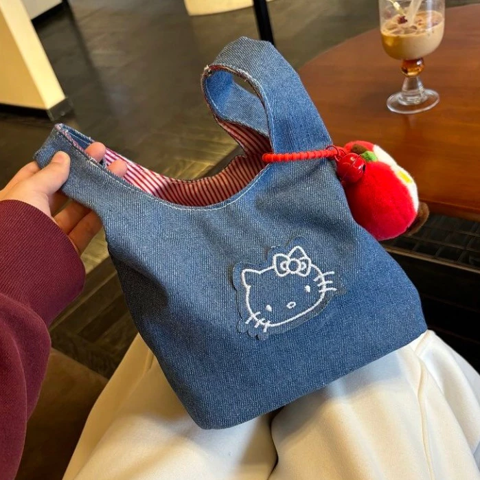 Túi xách thêu Denim kitty Túi đựng đồ ăn trưa đi chơi mini Ô đựng cốc nước