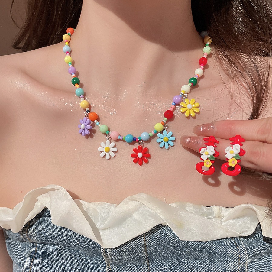 [Jewbeauty] Bộ bông tai vòng cổ hoa đầy màu sắc Dopamine Thiết kế cá nhân chuỗi xương đòn Phong cách ngày lễ choker ngọt ngào và nhẹ nhàng