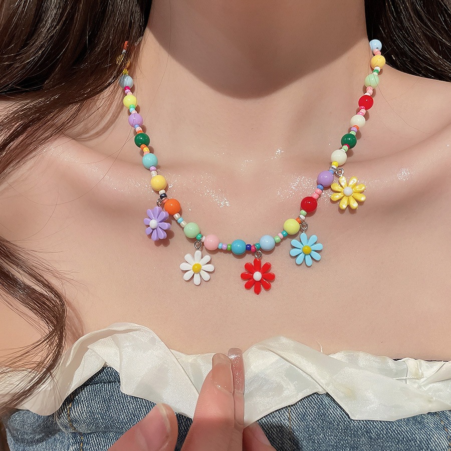 [Jewbeauty] Bộ bông tai vòng cổ hoa đầy màu sắc Dopamine Thiết kế cá nhân chuỗi xương đòn Phong cách ngày lễ choker ngọt ngào và nhẹ nhàng