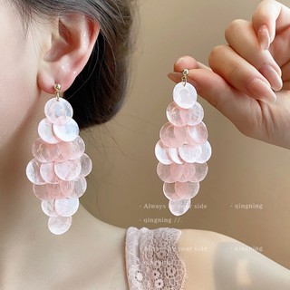 Bông tai tua rua vỏ tròn dành cho nữ thời trang phóng đại bên bờ biển phong cách kỳ nghỉ bông tai dài