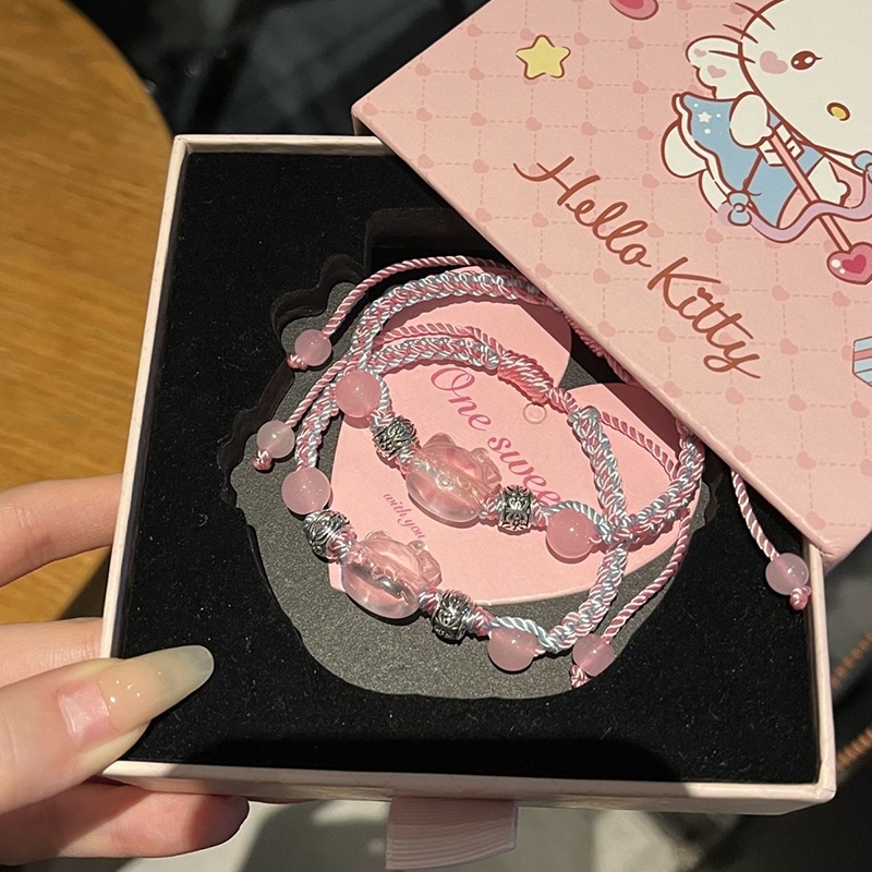 Hellokitty dệt tay màu xanh hồng vòng tay thích hợp sinh viên dễ thương quà tặng bạn gái hello kitty phụ kiện