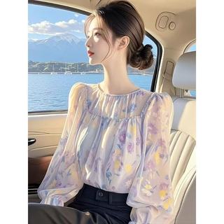 Áo sơ mi dài tay hoa dáng rộng phong cách Hàn Quốc dành cho nữ