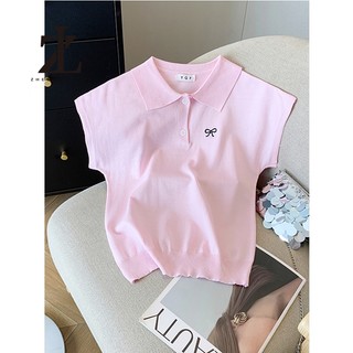 ZHELIHANGFEI Thiết kế mùa hè Áo thun cổ polo sang trọng Ice Silk Top Dệt kim nữ
