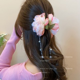 kẹp tóc hoa ngọc trai đi biển kẹp tóc càng cua dài lớn vải mùa hè xinh phụ kiện kẹp tóc sau