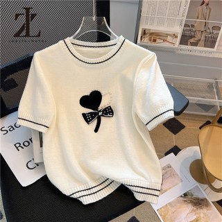 ZHELIHANGFEI Áo thun ngắn tay dệt kim lụa băng tình yêu dành cho nữ mùa hè Slimer Look Shoulder Top