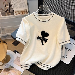 ZHELIHANGFEI Áo thun ngắn tay dệt kim lụa băng tình yêu dành cho nữ mùa hè Slimer Look Shoulder Top