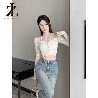 ZHELIHANGFEI Pure Desire Áo Sơ Mi Ren Mỏng Nữ Mùa Xuân Gợi Cảm Ngắn Rốn Crop Xuyên Qua Top Skinny Co Giãn Áo Khoác Đơn