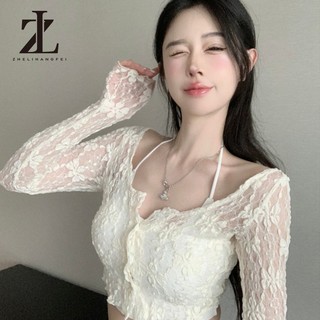 ZHELIHANGFEI Pure Desire Áo Sơ Mi Ren Mỏng Nữ Mùa Xuân Gợi Cảm Ngắn Rốn Crop Xuyên Qua Top Skinny Co Giãn Áo Khoác Đơn