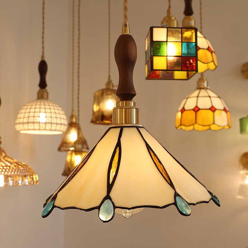 đèn thả bàn ăn LED cổ điển, đèn chùm kính màu, trang trí phòng ngủ, phòng khách, bếp