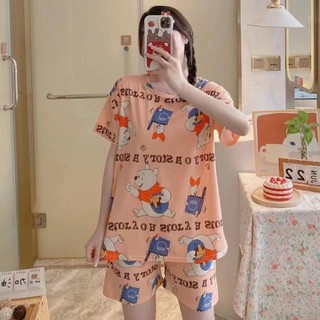 Đồ ngủ kiểu nữ Áo ngủ tay ngắn Họa tiết hoạt hình Bộ cotton Bộ 2 chiếc Áo thun ngắn tay và quần short