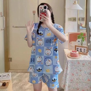 Đồ ngủ kiểu nữ Áo ngủ tay ngắn Họa tiết hoạt hình Bộ cotton Bộ 2 chiếc Áo thun ngắn tay và quần short
