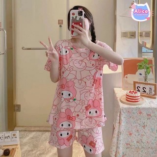 Đồ ngủ kiểu nữ Áo ngủ tay ngắn Họa tiết hoạt hình Bộ cotton Bộ 2 chiếc Áo thun ngắn tay và quần short