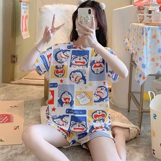 Đồ ngủ kiểu nữ Áo ngủ tay ngắn Họa tiết hoạt hình Bộ cotton Bộ 2 chiếc Áo thun ngắn tay và quần short